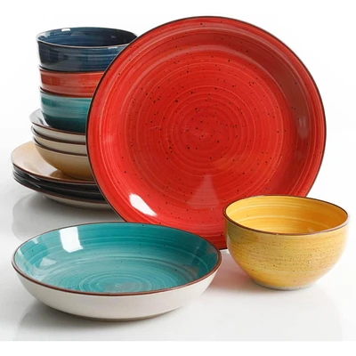 Gibson Home Color Speckle 12 Piece Mix & Match Double Bowl Dinnerware Set - 4 Assorted Colors