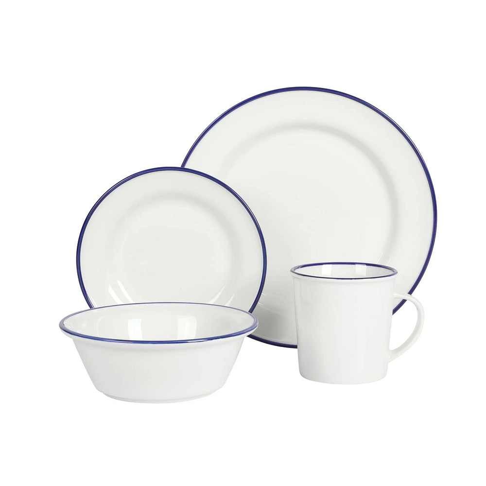 Martha Stewart Cliffield 16 Piece Dinnerware Set, Blue Rim, White, Fine Ceramic