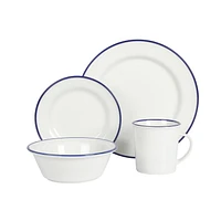 Martha Stewart Cliffield 16 Piece Dinnerware Set, Blue Rim, White, Fine Ceramic