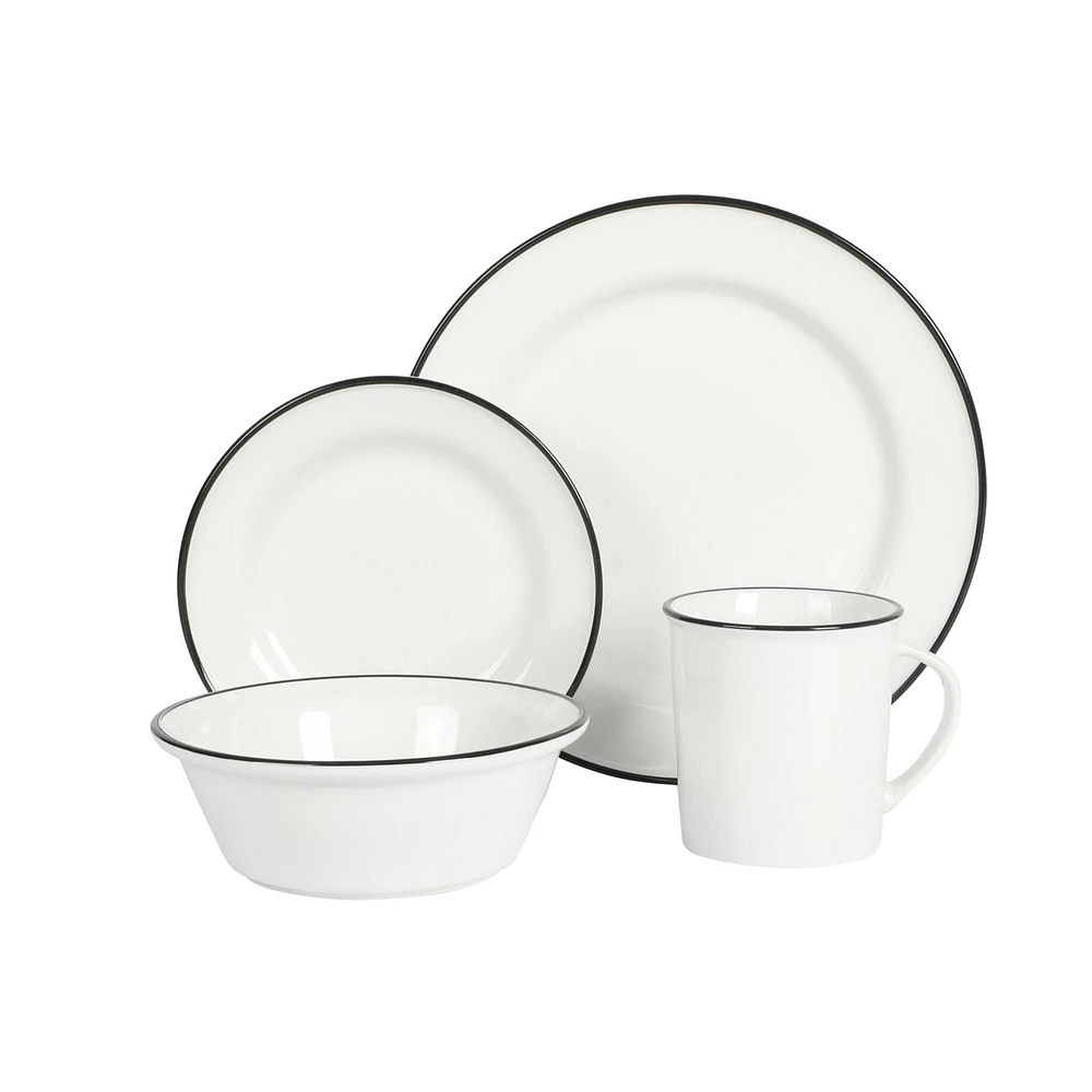 Martha Stewart Cliffield 16 Piece Dinnerware Set, Black Rim, White, Fine Ceramic