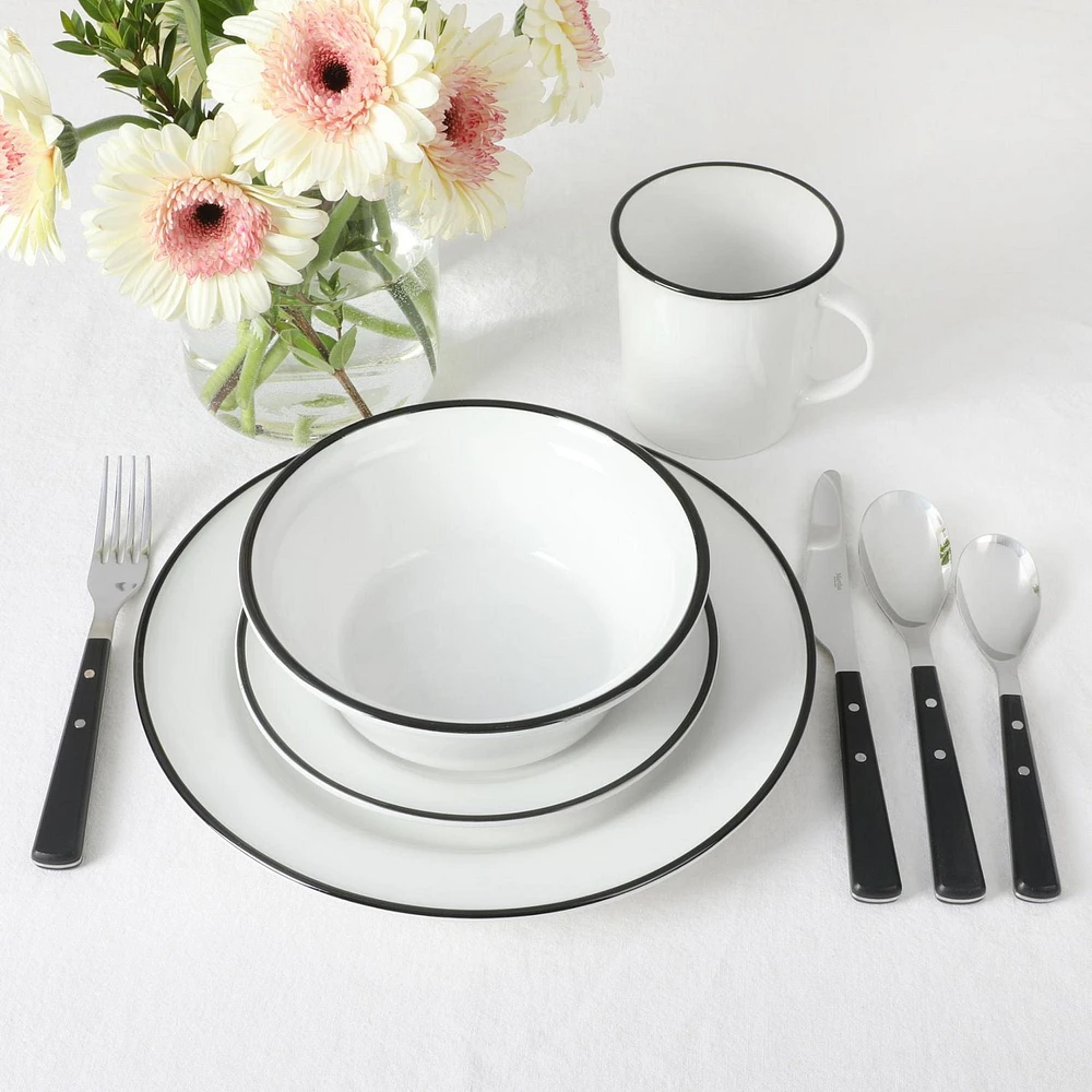 Martha Stewart Cliffield 16 Piece Dinnerware Set, Black Rim, White, Fine Ceramic