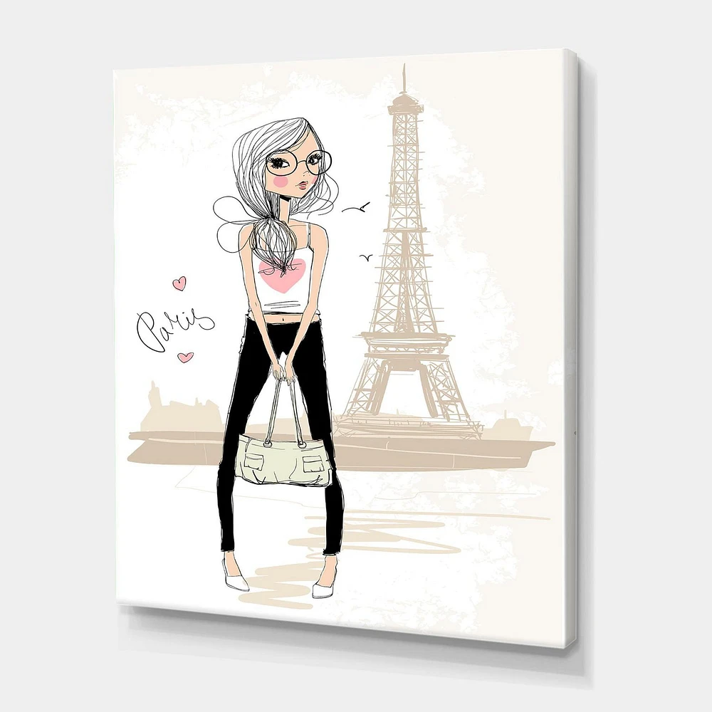 Designart Cute Girl By The Tour Eiffel In Paris Canvas Wall Art