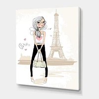 Designart Cute Girl By The Tour Eiffel In Paris Canvas Wall Art