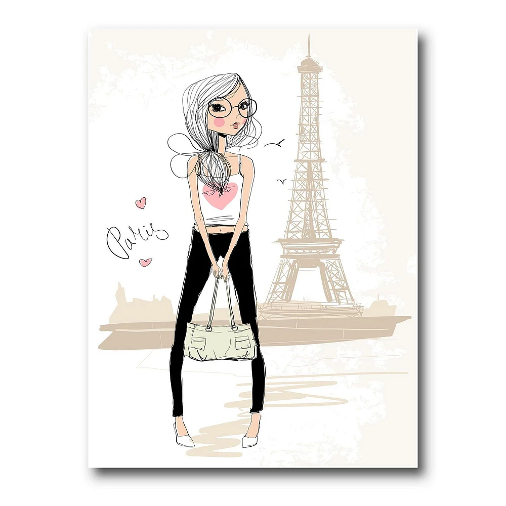 Designart Cute Girl By The Tour Eiffel In Paris Canvas Wall Art