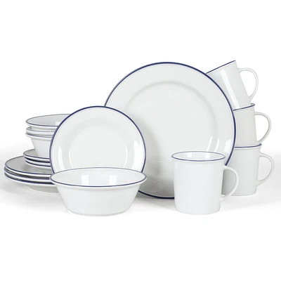 Martha Stewart Cliffield 16 Piece Dinnerware Set, Blue Rim, White, Fine Ceramic