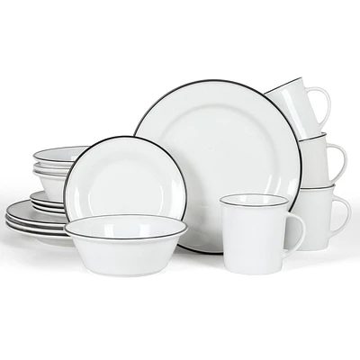 Martha Stewart Cliffield 16 Piece Dinnerware Set, Black Rim, White, Fine Ceramic