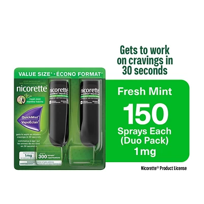 Vaporisateur à la nicotine Nicorette VapoÉclair, aide pour cesser de fumer, menthe fraîche, 1 mg, TRN, emballage duo 150 vaporisations x 2