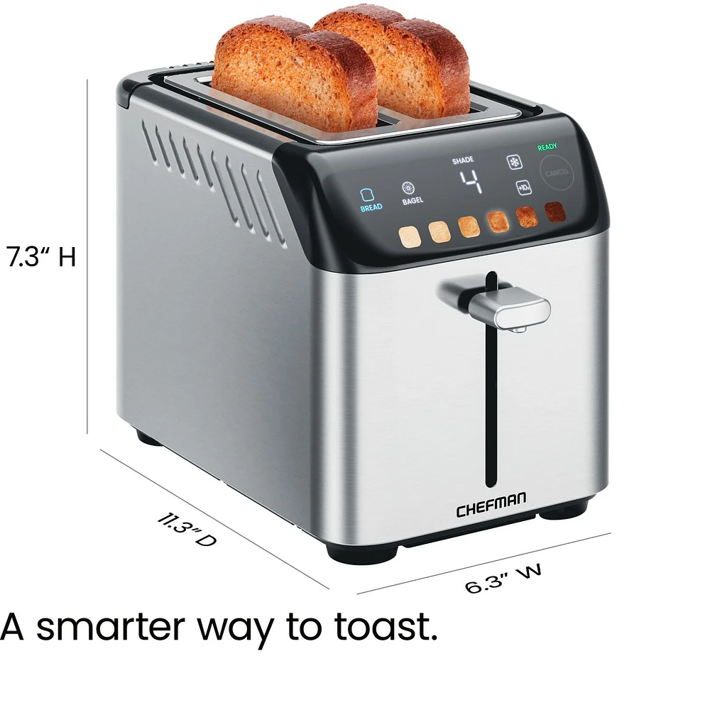 Chefman Smart Touch 2 Slice Digital Toaster, 6 Shade Settings, Bagel Mode - Stainless Steel, New, 2 Slice Toaster