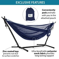 Vivere Polyester 9' Mesh Hammock with Steel Stand - Navy and Turquoise