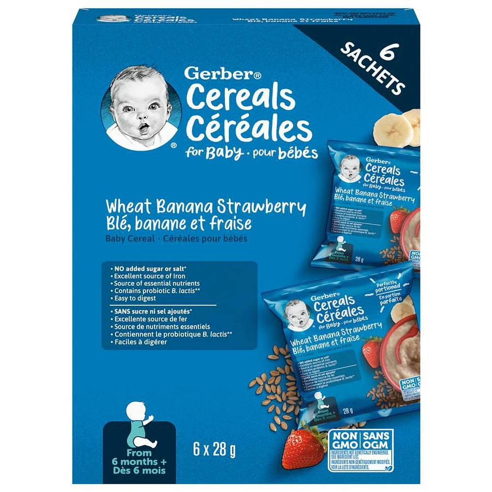 GERBER Baby Cereal Wheat Banana Strawberry  Sachet– 6 x 28 g, 6 x 28g