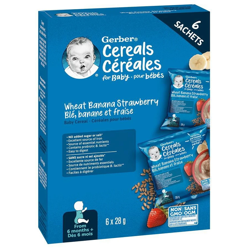 GERBER Baby Cereal Wheat Banana Strawberry  Sachet– 6 x 28 g, 6 x 28g