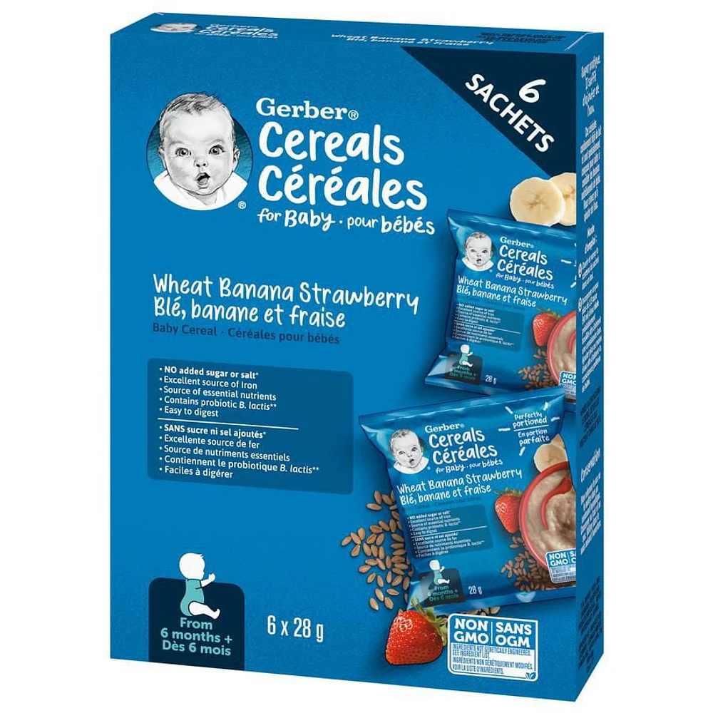 GERBER Baby Cereal Wheat Banana Strawberry  Sachet– 6 x 28 g, 6 x 28g