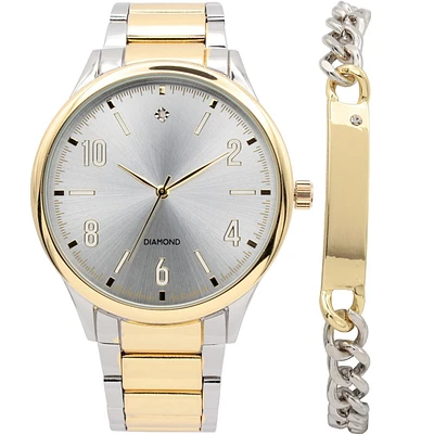 Montre Homme Bicolore Argenté et Doré avec Bracelet ID Assorti