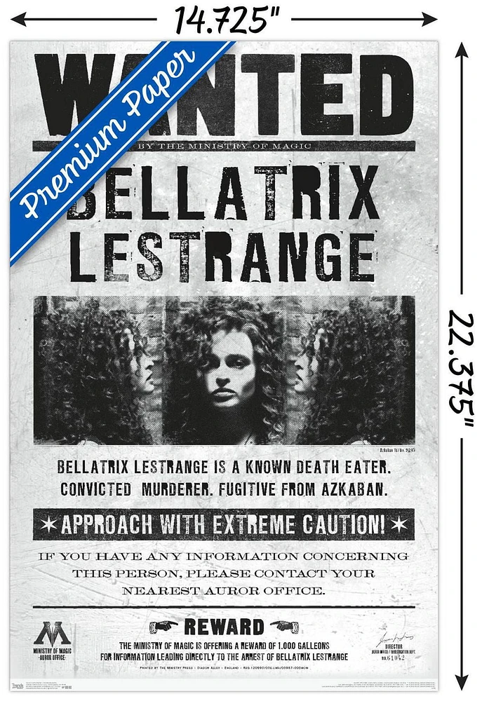 The Wizarding World: Harry Potter - Bellatrix Wanted Poster Wall Poster, 14.725" x 22.375"