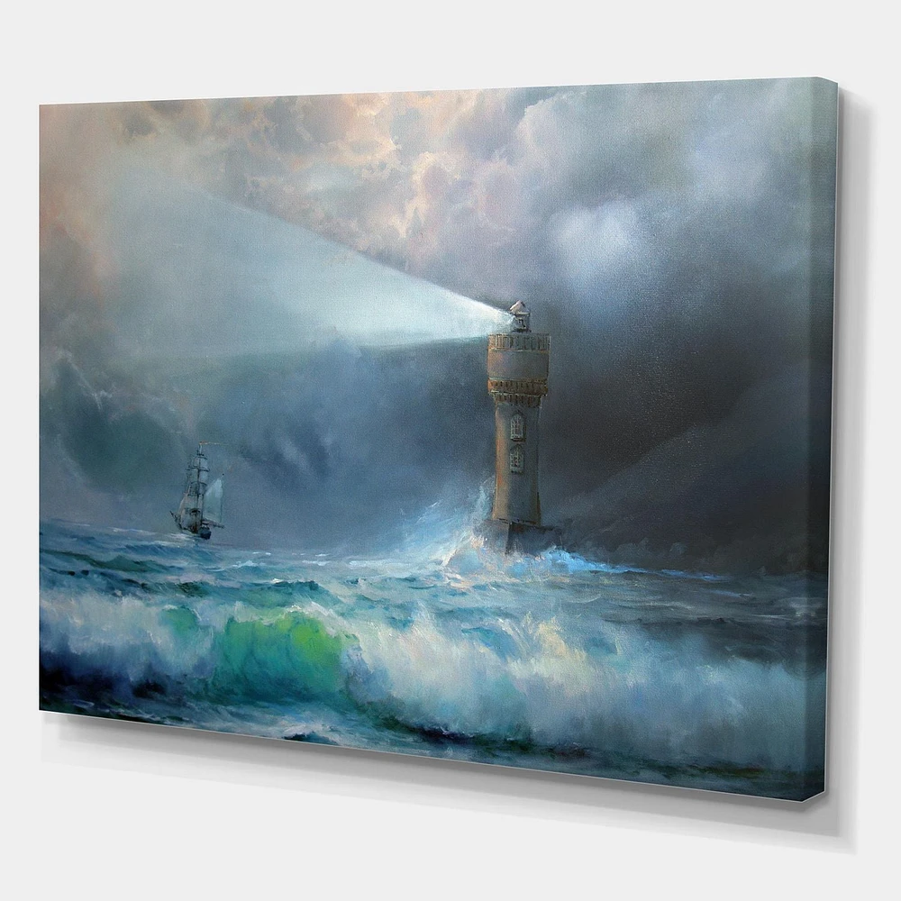 Designart Lighthouse Shining Light During Stormy Night II Canvas Wall Art