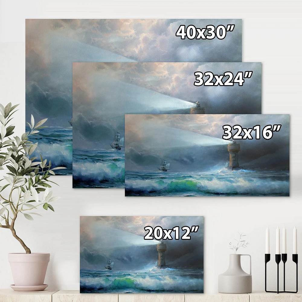 Designart Lighthouse Shining Light During Stormy Night II Canvas Wall Art