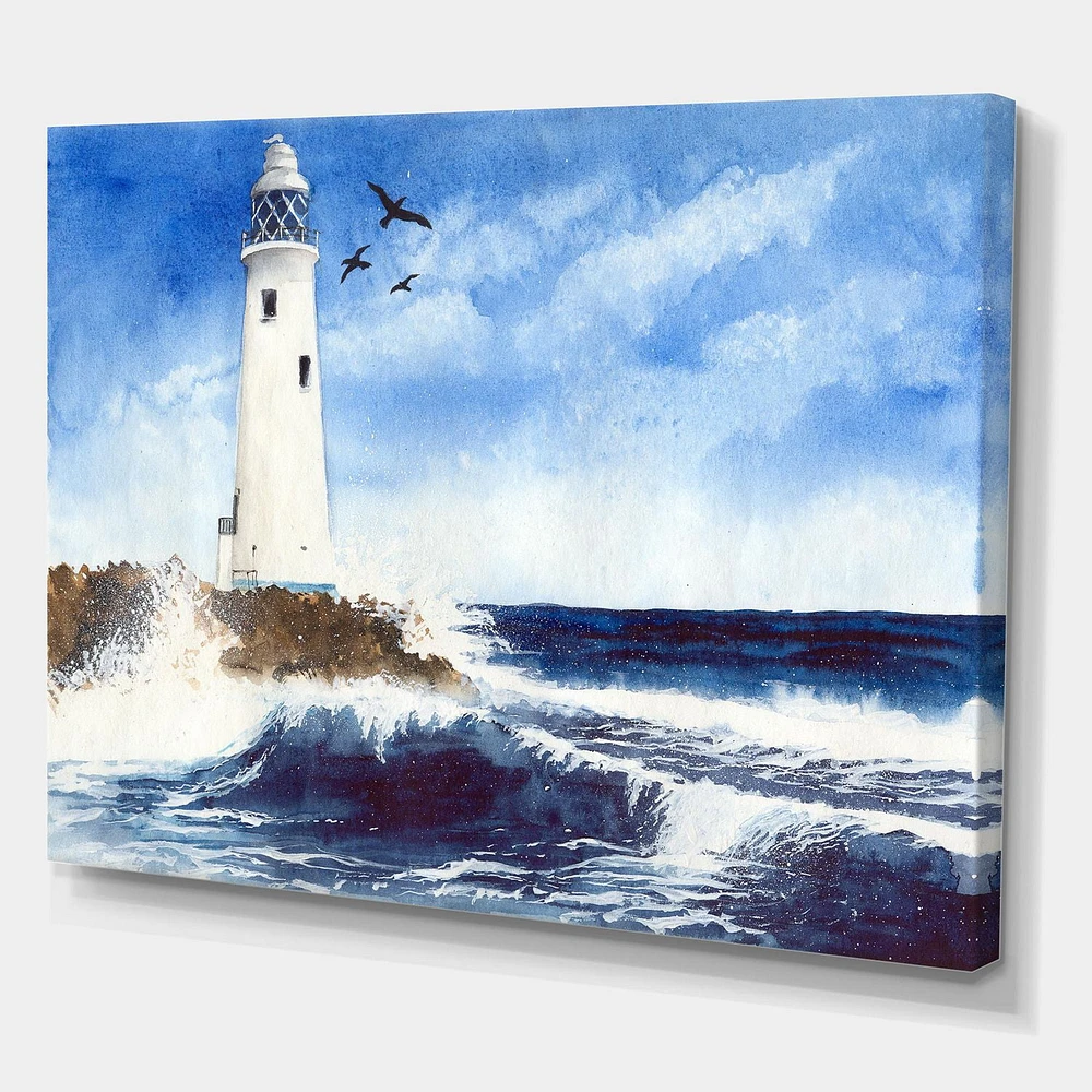 Designart Lighthouse On The Rocky Island With Seagulls Canvas Wall Art