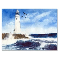 Designart Lighthouse On The Rocky Island With Seagulls Canvas Wall Art