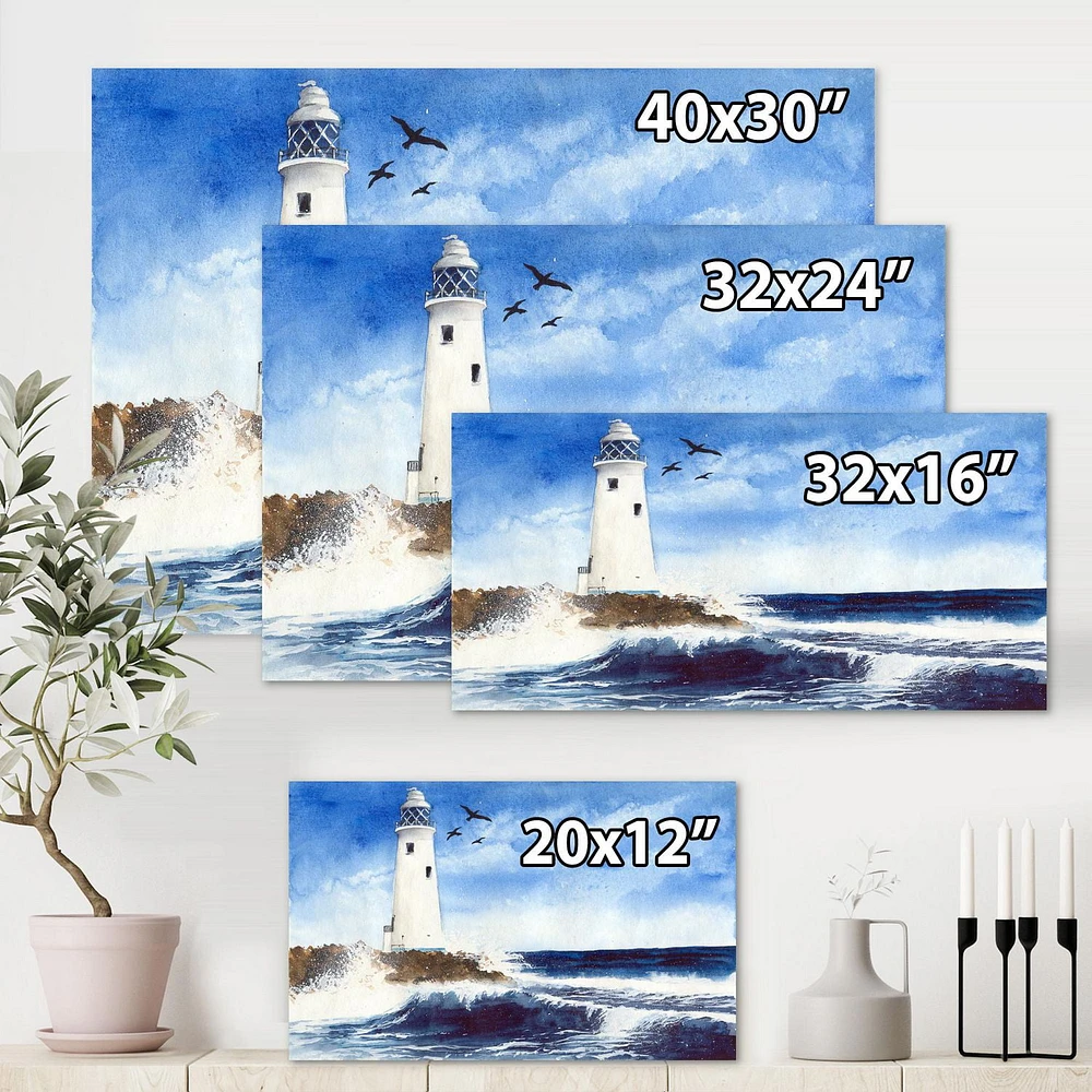 Designart Lighthouse On The Rocky Island With Seagulls Canvas Wall Art