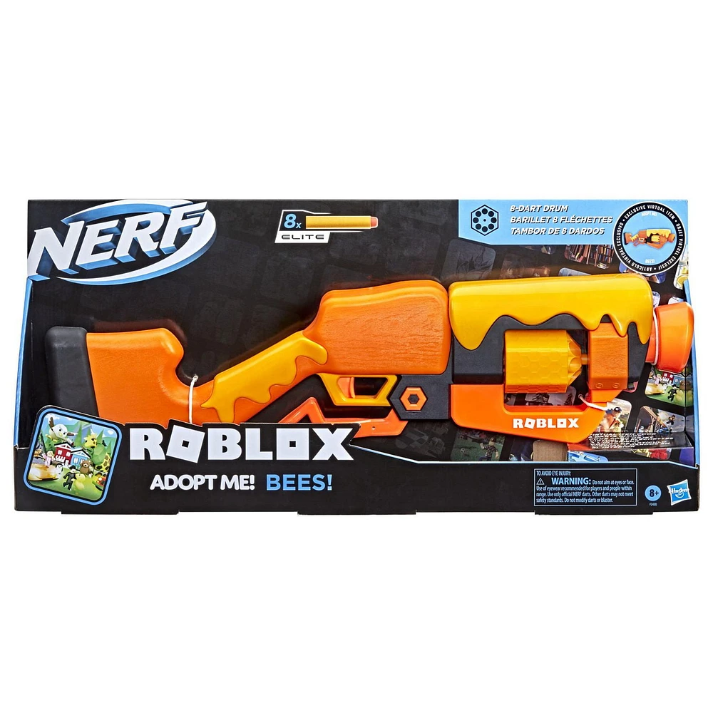 Nerf Roblox Adopt Me!: BEES! Lever Action Dart Blaster, Rotating 8-Dart Drum, 8 Nerf Elite Darts, Code To Unlock In-Game Virtual Item