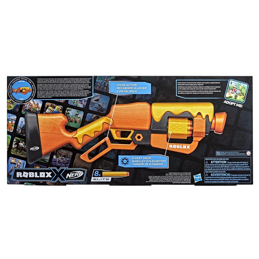 Nerf Roblox Adopt Me!: BEES! Lever Action Dart Blaster, Rotating 8-Dart Drum, 8 Nerf Elite Darts, Code To Unlock In-Game Virtual Item