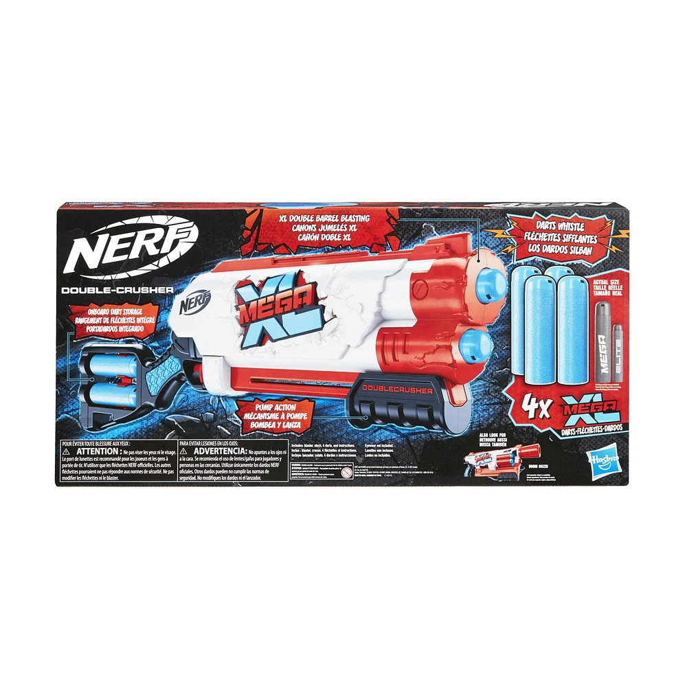 Nerf Mega XL Double Crusher Blaster, Largest Nerf Mega Darts Ever, 4 Nerf Mega XL Whistler Darts,Onboard Dart Storage