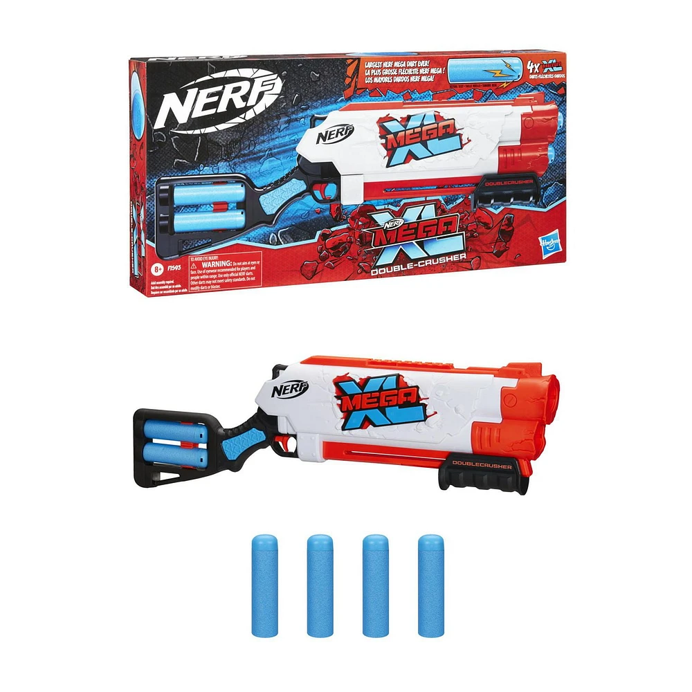 Nerf Mega XL Double Crusher Blaster, Largest Nerf Mega Darts Ever, 4 Nerf Mega XL Whistler Darts,Onboard Dart Storage