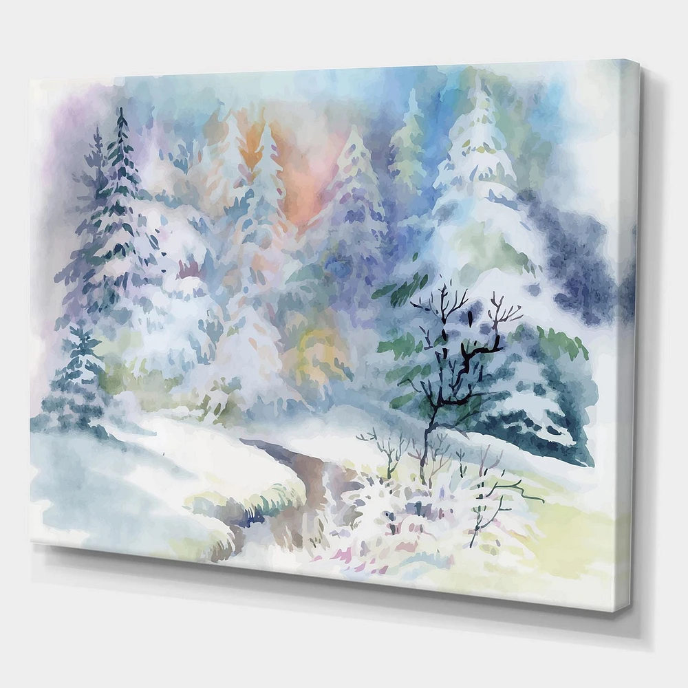 Designart Winter Landscape With Snowy River I Canvas Wall Art