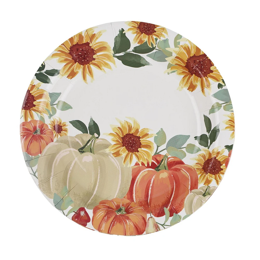 Way to Celebrate! Thanksgiving Sunflowers and Pumpkins Paper Dessert Plates, 7in, 12ct