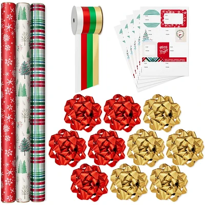 Hallmark Rustic Red and Green Christmas Wrapping Paper Set (90 sq. ft. ttl, 10 Bows, 4 Ribbon Colours, 40 Gift Tag Stickers) Snowflakes, Trees, Plaid