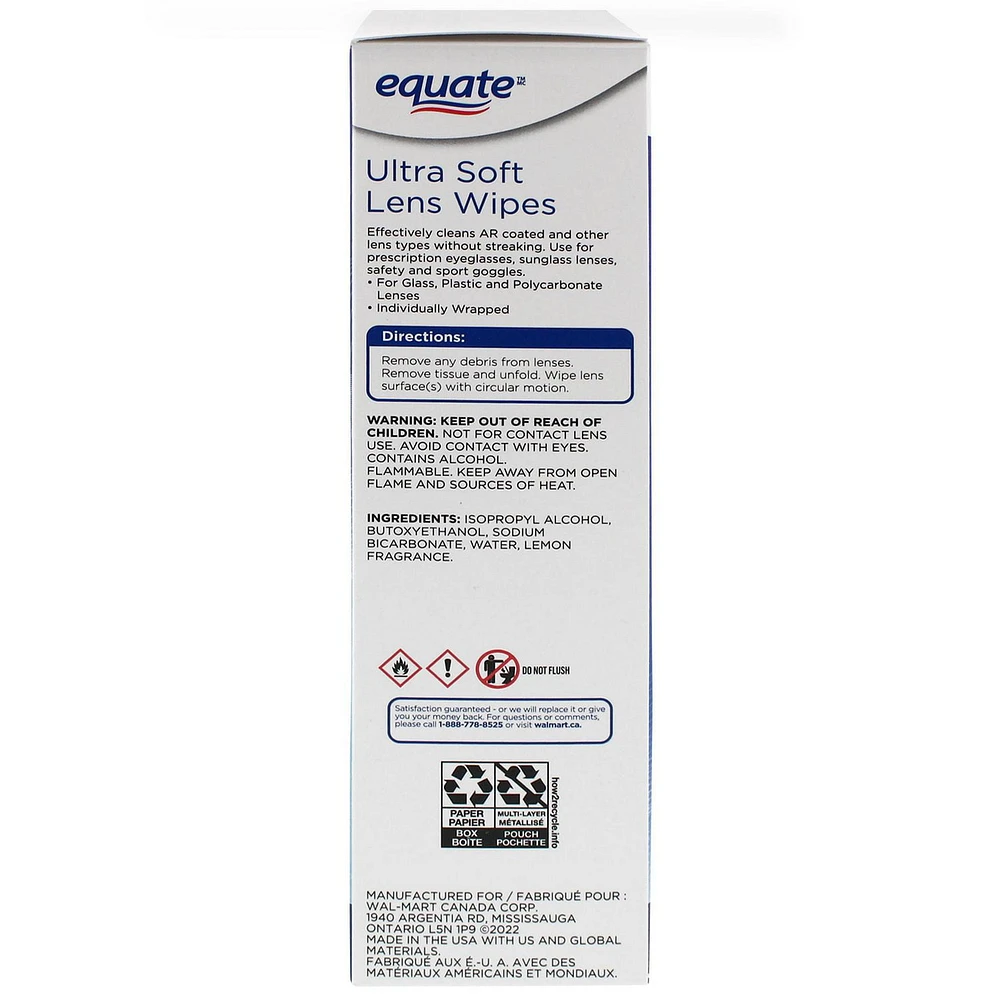 Equate Ultra Soft Lens Wipes, 100 wipes (15 mm x 145 mm each)