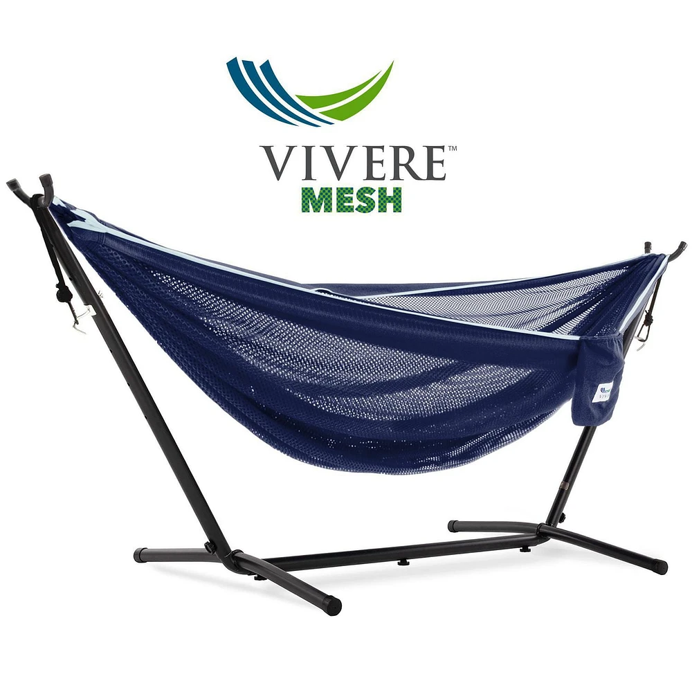 Vivere Polyester 9' Mesh Hammock with Steel Stand - Navy and Turquoise