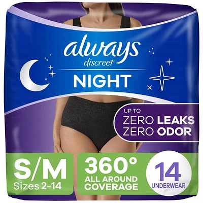 Culottes d’incontinence de nuit pour adultes Always Discreet, pour femmes, protègent jusqu’à 100% contre les fuites urinaires, taille P/M, 14culottes 14CT