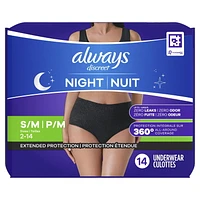Culottes d’incontinence de nuit pour adultes Always Discreet, pour femmes, protègent jusqu’à 100% contre les fuites urinaires, taille P/M, 14culottes 14CT