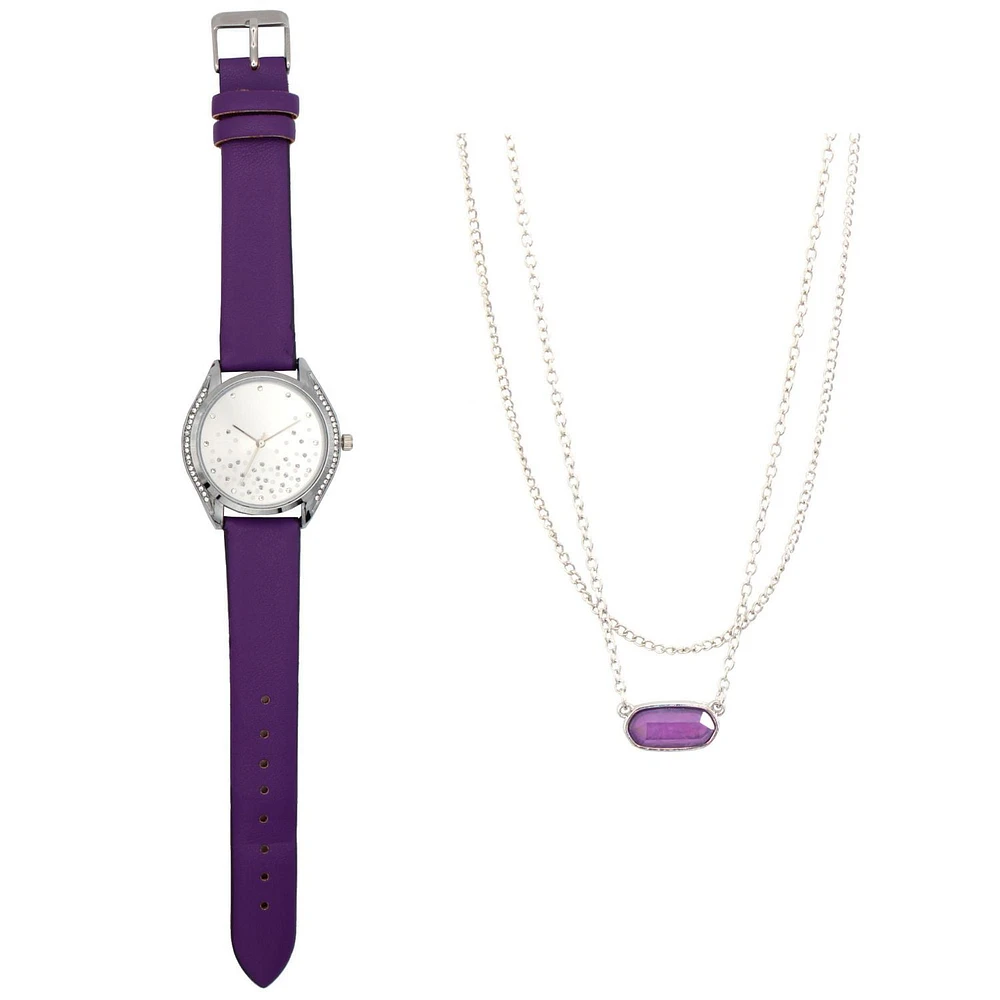 Montre avec bracelet violet et collier pour femme