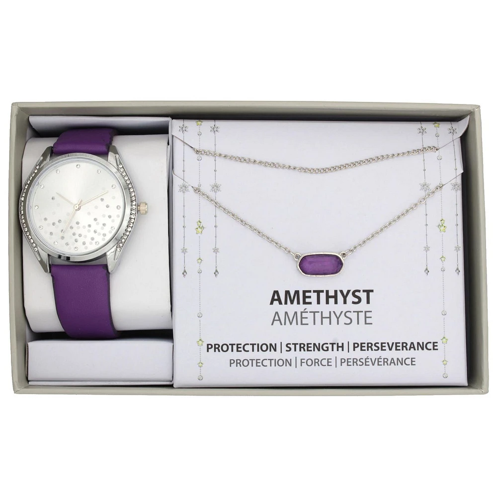 Montre avec bracelet violet et collier pour femme