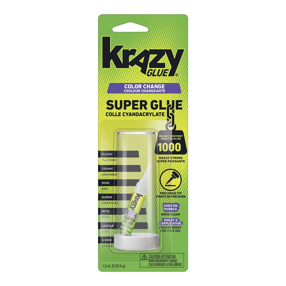 Krazy Glue Colour Changing Super Glue, Precision Tip, 1.9 mL, Goes on Purple, Dries Clear