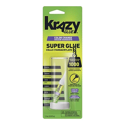 Krazy Glue Colour Changing Super Glue, Precision Tip, 1.9 mL, Goes on Purple, Dries Clear