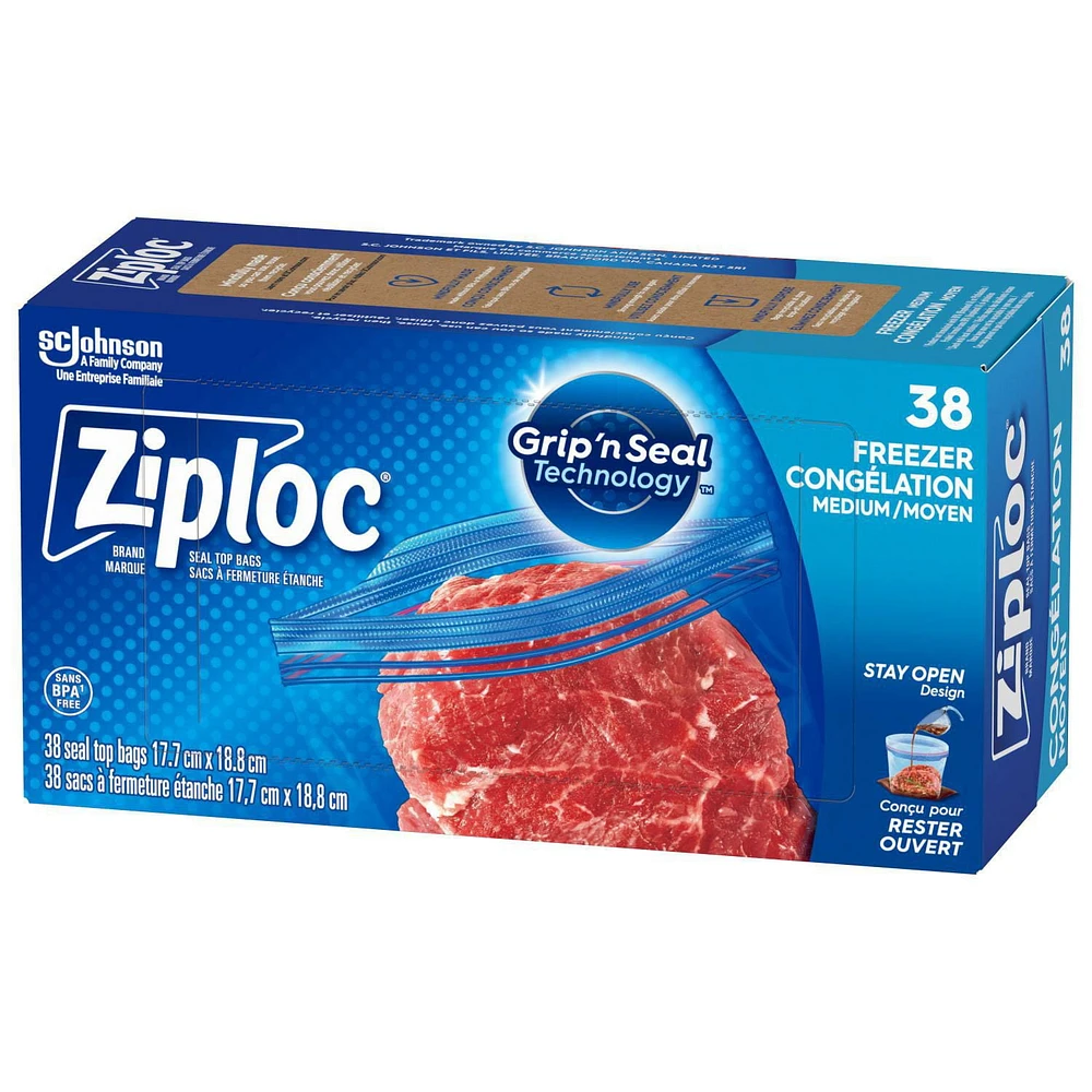 Ziploc® Freezer Bags with Stay Open Technology, Medium, 38 Bags