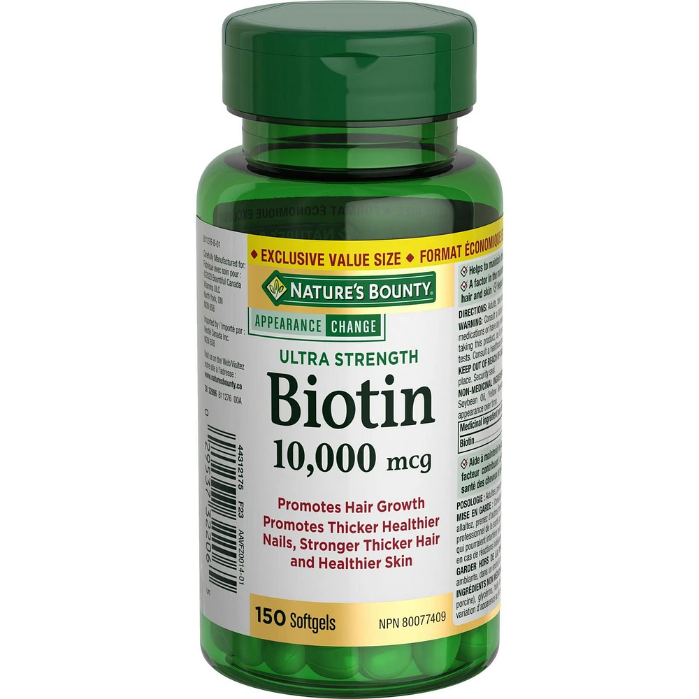 NATURE'S BOUNTY Biotin, Ultra Strength, 10,000 mcg, Promotes Hair Growth, Thicker Healthier Nails, Stronger Thicker Hair & Healthier Skin, Helps Maintain the Body's Ability to Metabolize Nutrients, Value Size, Softgels 150.0 count, 150 softgels