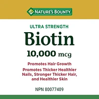 NATURE'S BOUNTY Biotin, Ultra Strength, 10,000 mcg, Promotes Hair Growth, Thicker Healthier Nails, Stronger Thicker Hair & Healthier Skin, Helps Maintain the Body's Ability to Metabolize Nutrients, Value Size, Softgels 150.0 count, 150 softgels