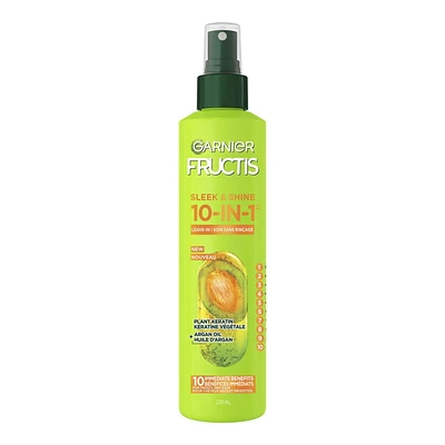 Garnier Fructis Sleek & Shine, 10-In-1 Repairing Leave-In Spray For Frizzy & Dry Hair with Heat Protection, With Argan Oil and Plant Keratin - 239ml, Hair spray for frizzy hair
