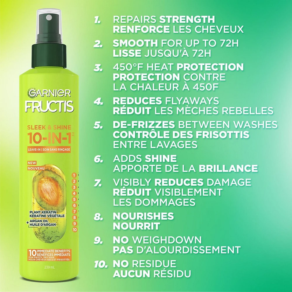 Garnier Fructis Sleek & Shine, 10-In-1 Repairing Leave-In Spray For Frizzy & Dry Hair with Heat Protection, With Argan Oil and Plant Keratin - 239ml, Hair spray for frizzy hair