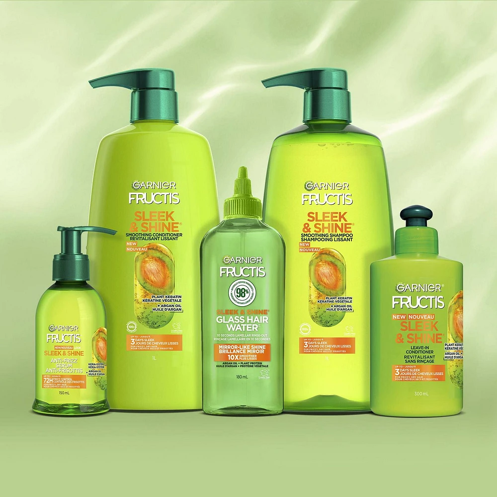 Garnier Fructis Sleek & Shine Glass Hair Water, Sulfate Free 10 Second Treatment, 10x Smoother and Shiny Hair, with Argan Oil and Plant Protein, 180mL, 10x smoother hair in 10 sec.