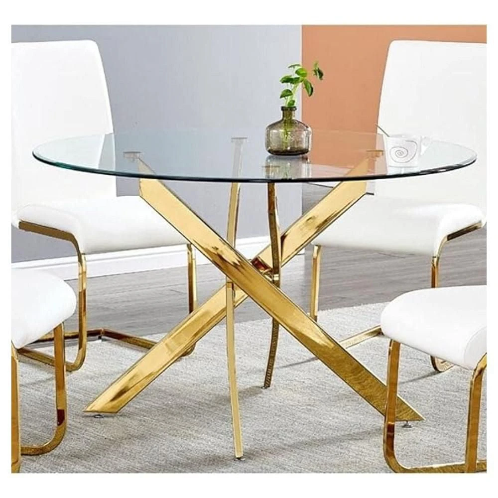 Diva Glass Star Dining Table with tempered glass top and polished stainless steel in GOLD.