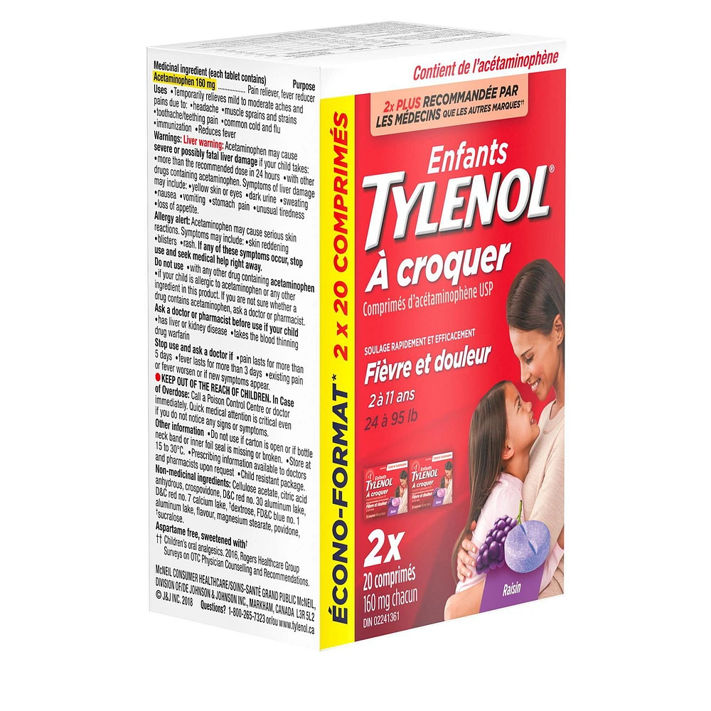 Tylenol Children's Medicine for Fever & Pain, Grape Chewables, Value Pack, 2 x 20 Count