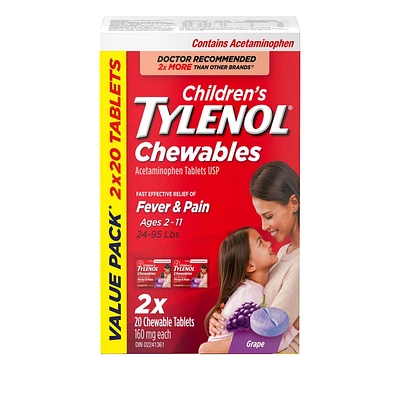 Tylenol Children's Medicine for Fever & Pain, Grape Chewables, Value Pack, 2 x 20 Count