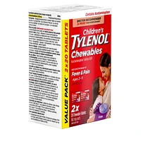 Tylenol Children's Medicine for Fever & Pain, Grape Chewables, Value Pack, 2 x 20 Count