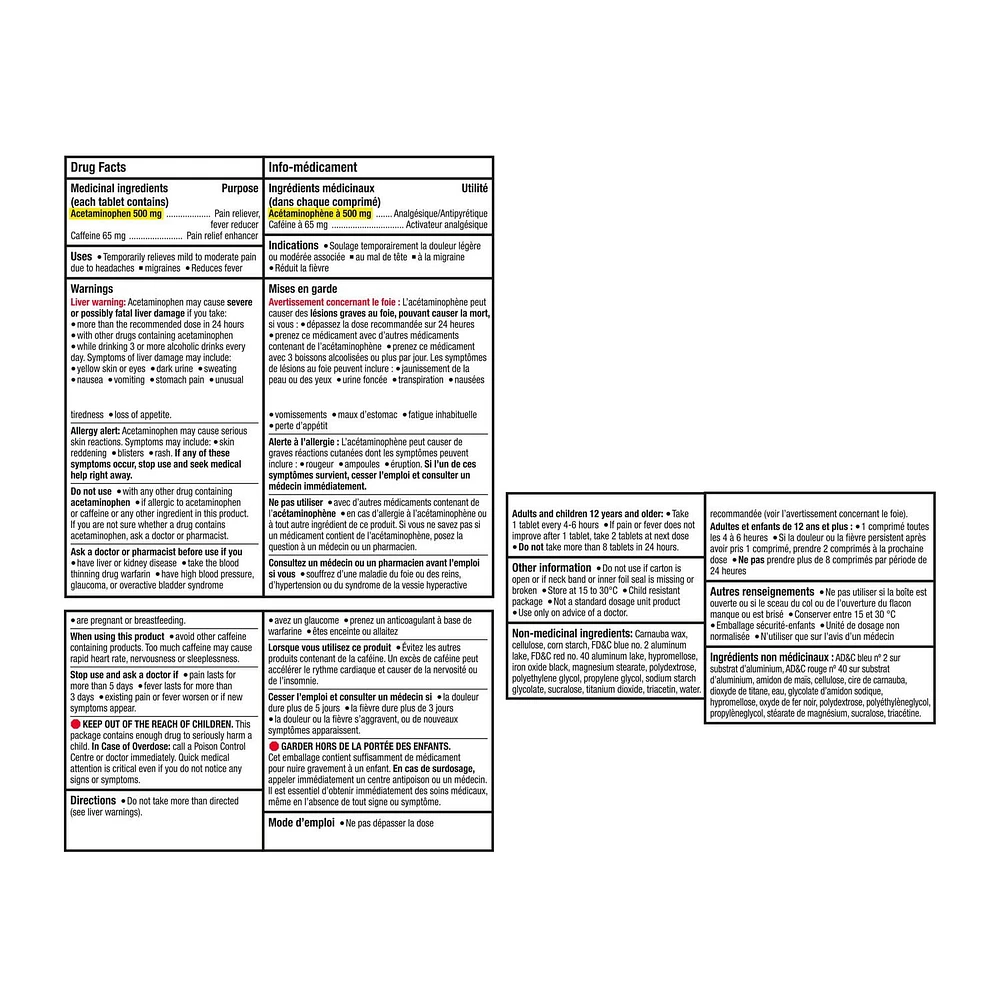 Tylenol Ultra douleur migraine, comp. FaciliT, 500 mg d'acétaminophène Plus 65 mg de caféine 80 unités