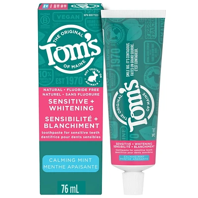 Tom’s of Maine PureActiv Sensitive + Whitening Fluoride Free Toothpaste, Calming Mint, Tom’s of Maine Toothpaste